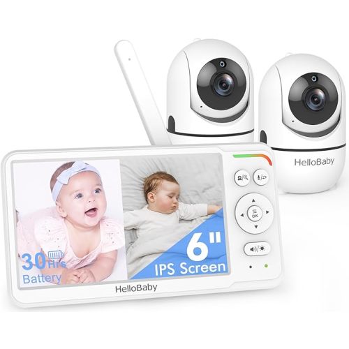 HelloBaby World's First 6" IPS Split Screen Baby Monitor with 2 Cameras - No WiFi, 30hr Battery, 355° Pan-Tilt, Night Vision, 1000ft, Portable Travel Video Audio Monitor with Temp Alert/Lullabies/VOX
