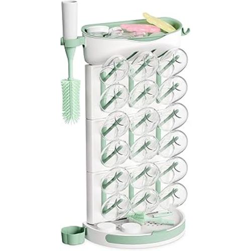 Momcozy DIY Larger Bottle Drying Rack for 18 Bottles, Space Saving Countertop Vertical Rack with Brushes Holder, Detachable Travel Bottle Rack for Baby Accessories & Pump Parts