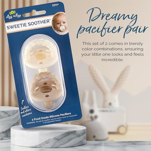 Itzy Ritzy Silicone Pacifiers for Newborn - Sweetie Soother Pacifiers Feature Collapsible Handle & Two Air Holes for Added Safety; For Ages Newborn and Up, Set of 2 in Buttercream & Toast