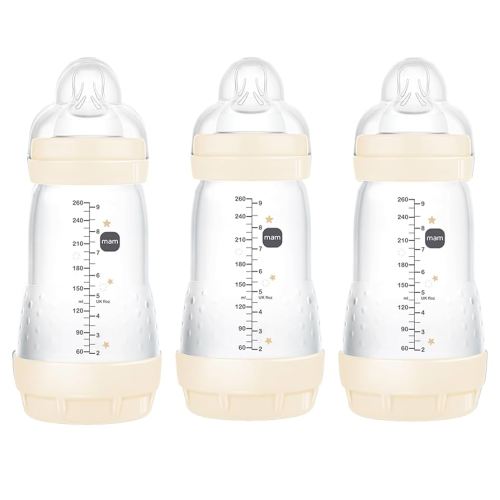 MAM 9oz Easy Start Anti-Colic Baby Bottles, Medium Flow, Breastfeeding-Like Silicone Nipple, Reduces Colic, Gas, & Reflux, Easy-to-Clean, BPA-Free, Baby Bottles for Newborns, 2+ Months