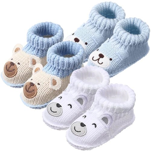 3 Pairs Knitted Baby Booties 0-6 Months Newborn Baby Shoes First Walkers Cozy Shoes for Infant Girl Boy
