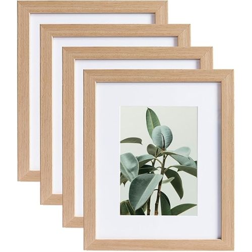 8 x 10 Solid Wood Picture Frame with Tempered Glass Set of 4, Natural Wooden Photo Frame with Mat to 5" x 7" & 4" x 6" Picture for Tabletop and Wall Mounting, 8 by 10 Wood Frame, Light Wood