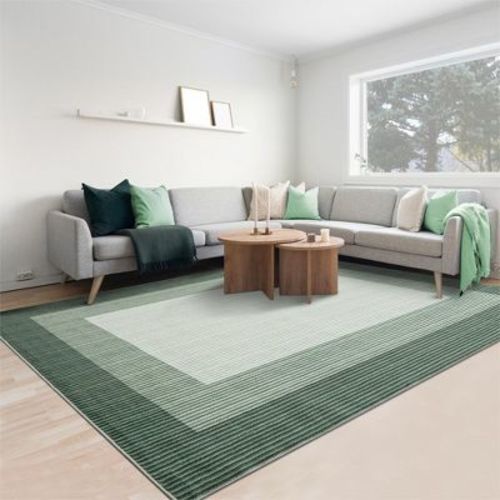 Large Accent Rug 10x13 - Modern Bordered Washable Indoor Carpet with Non-Slip Backing, Green