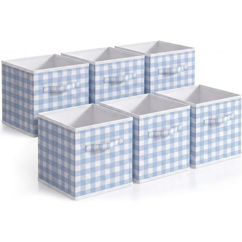 Yalikop 6 Pcs Blue Gingham Cube Storage Bins, 11 Inch Fabric Checkered Classroom Storage Bins Organizer with Handle Preppy Collapsible Cubby Basket for Classroom Home Nursery Playroom Bedroom