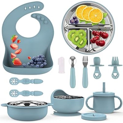 13 Pack Silicone Baby Feeding Set, BPA-Free Toddler Feeding Supplies, Include Suction Plates, Baby Bowls, Silicone Fork & Spoon, and More, First Stage Baby Dish Set - 6+ Months