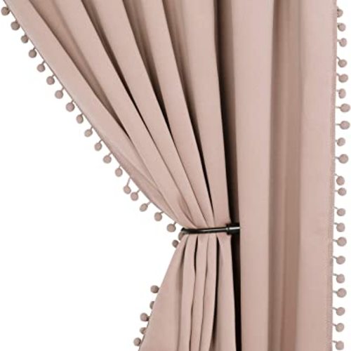 LORDTEX Pom Pom Blackout Curtains for Bedroom - Thermal Insulated Curtains, Sun Light Blocking Rod/Pole Pocket Window Drapes for Living Room, 52 x 72 inch, Blush, Set of 2 Panels