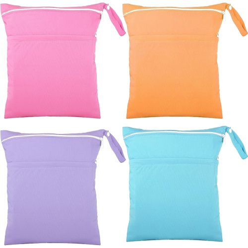 4 Pcs Wet Dry Bag for Baby Cloth Diapers Waterproof Wet Bag Washable Travel Bag Reusable Cloth Diaper Bag with 2 Pocket Toddler Swim Wet Bag for Travel Beach Pool (Blue, Purple, Pink, Orange)