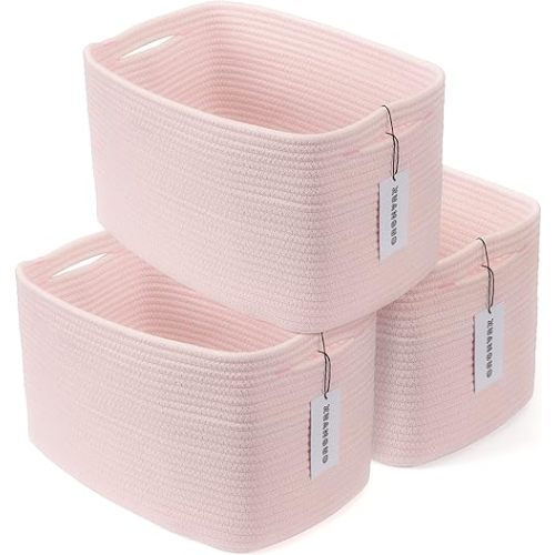 Cotton Rope storage Basket Bins Woven Basket for Organizing Shelves Rectangle Decorative Baskets For storage Clothes Toys Books Towels Square Wicker Nursery basket organizer 3 pack light pink