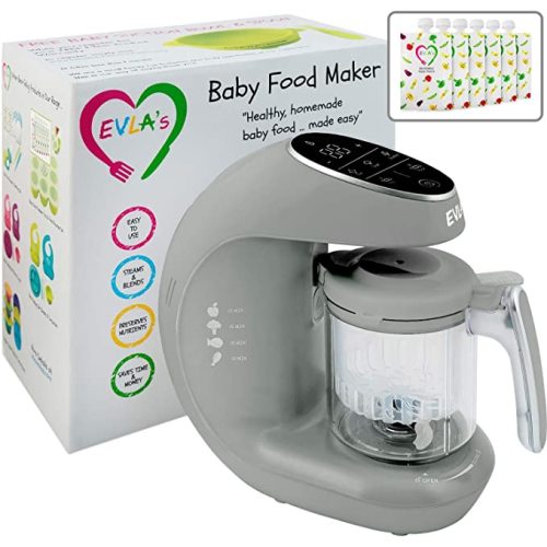Baby Food Maker | Baby Food Processor Blender Grinder Steamer | Cooks & Blends Healthy Homemade Baby Food in Minutes | Self Cleans | Touch Screen Control | 6 Reusable Food Pouches - Gray