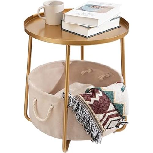 danpinera Gold Side Table, Small Round Side Table with Fabric Storage Basket, Metal Side Table for Nursery, Living Room, Bedroom, Bathroom