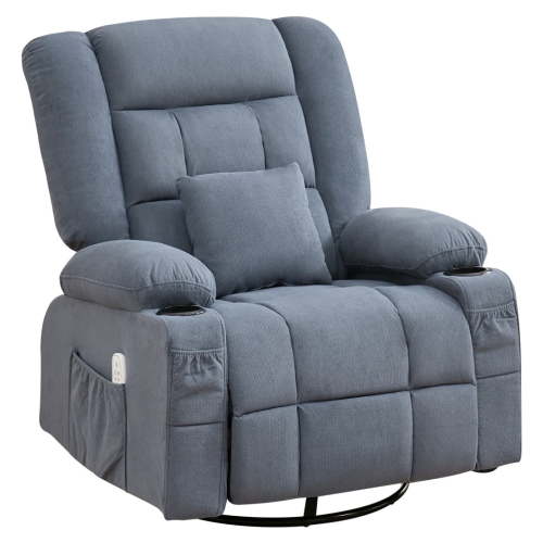 Massage Rocker Recliner Chair with Heat, Ergonomic Rocking Lounge Chair for Living Room, Comfy Overstuffed Kneading Recliner with Side Pockets,2 Cup Holders, USB Charge Port, Blue