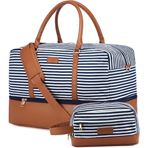 Realer Weekender Bag for Women, Canvas Travel Duffle Bag with Toiletry Bag, Large Carry on Overnight Bag with Shoe Compartment,Waterproof Weekend Duffel Bag Mommy Hospital Bags for Labor and Delivery