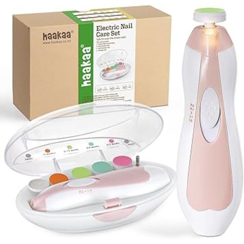 haakaa Baby Nail Trimmer Electric Safe Baby Nail Clippers Baby Nail File Kit Manicure Set, Trim Polish Grooming kit for Newborn Toddler or Adults Toes Fingernails, 6 Grinding Heads and LED Light