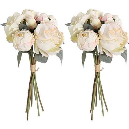 White Artificial Peonies 2 Bouquets Silk Flowers 14Heads Vintage White Fake Flowers Faux Peony Flowers for Flower Arrangements Artificial Centerpiece Home Table Dining Room Decor (Ivory White)