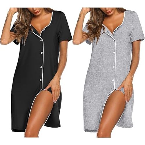 Ekouaer Nightgowns for Women 2 Pack Button Down Sleepshirt Short Sleeve Nightshirt Soft Sleepwear V Neck Pajama Dress