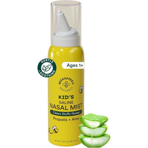 Kids' Saline Nasal Mist by Beekeeper's Naturals, Cleanses & Clears Stuffy Noses, Nasal Spray for Kids 1+ w/ Saline, Aloe & Propolis, 3 fl oz