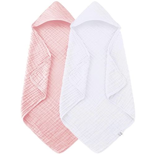 2 Pack Hooded Baby Towels - 100% Muslin Cotton for Newborns, Infants, Toddlers - Large 32x32Inch Size - Highly Absorbent and Essential for Newborn Care, White and Pink