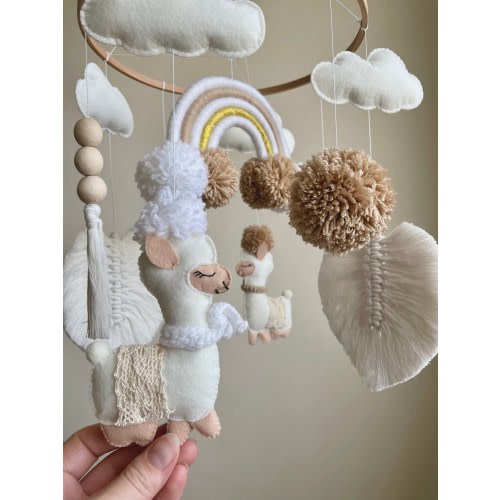 Llama Baby Mobile, Boho Nursery Mobile, Rainbow Crib Mobile, Handmade Felt Baby Mobile Personalized Embroidery & Macramé Nursery Decor