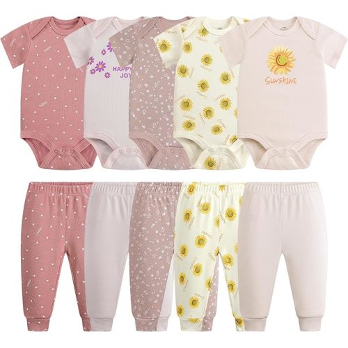 Baby Newborn Layette 10-Piece Clothing Sets Soft Cotton Bodysuits Pants Sets for Baby Boys Girls Toddler Unisex