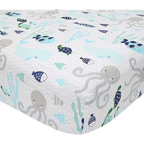 Lambs & Ivy Oceania 100% Cotton Fitted Crib Sheet - White with Blue Nautical/Aquatic Fish and Octopus