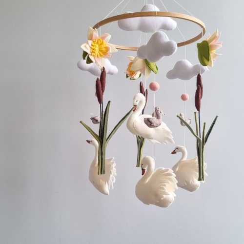 Swan baby mobile girl Nursery crib decor Lake / Nature / Country themed nursery mobile handmade Modern unigue baby gift for a baby shower