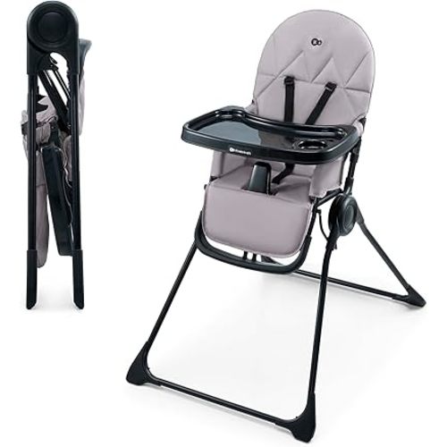 Kinderkraft BINCI Folding High Chair, Lightweight 11 lb, Compact for Small Spaces and Travel, Adjustable Tray with Cup Holder, Footrest, 5-Point Harness, Easy-Clean Modern Design, Gray