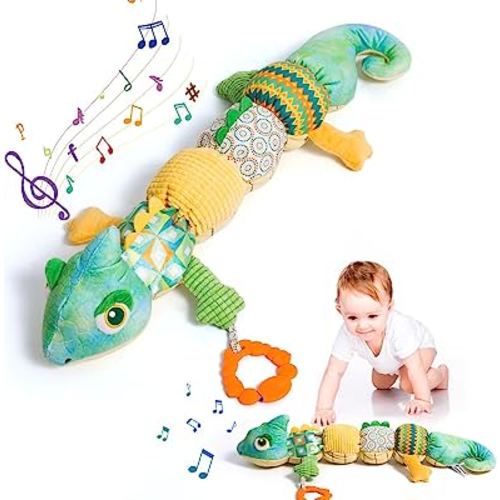 Baby Toys 0-3-6-12 Months Infant Toys Musical Stuffed Animal with Ruler Design, Rattle and Multi-Textures, Tummy Time Newborn Developmental Toys for Babies, Chameleon