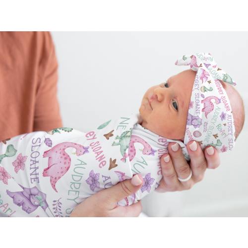 BABY GIRL DINOSAUR Swaddle Blanket, Girl Dinosaur Blanket Baby Headband Beanie, Personalized Baby Name Blanket, Girl Dino Design Baby Gift