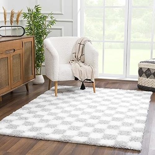 Hauteloom Atira Contemporary Checkered Fluffy Shag Area Rug - Modern Geometric Carpet Tiles for Living Room, Kids Room, Nursery - Plush Pile - Gray, Cream, White - 7'10" x 10'3"