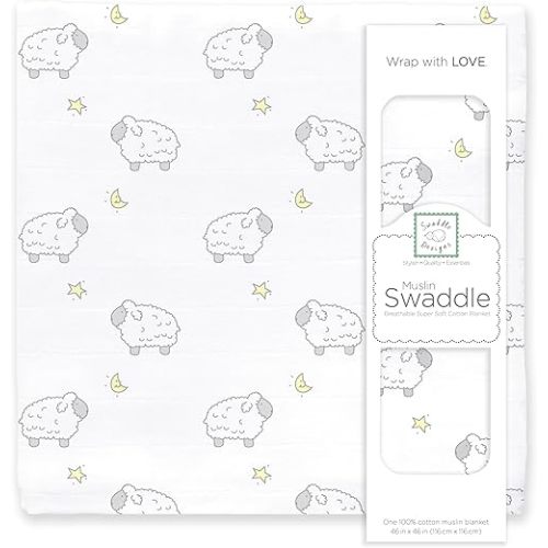 SwaddleDesigns Cotton Muslin Swaddle Blanket, Receiving Blanket for Boys & Girls, Best Shower Gift, 46x46 inches, Little Lambs, Sterling