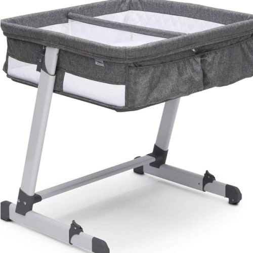 Simmons Kids By The Bed City Sleeper Bassinet for Twins - Adjustable Height Portable Crib with Wheels & Airflow Mesh, Grey Tweed