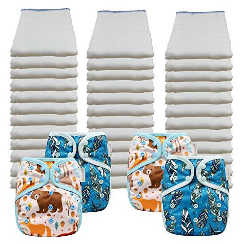 OsoCozy Economy Prefold Cloth Diaper Package - 3 Dozen Infant 4x6x4 Bleached 100% Cotton Prefold Diapers (7-15 lbs) & 4 One-Size Diaper Covers (2 Forest Critters, 2 Jay Feathers)
