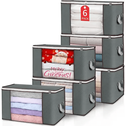 90 L Large Storage Bags, 6 Pack Clothes Storage Bins Foldable Closet Organizers Storage Containers with Reinforced Handle for Clothing, Blanket, Comforters, Bed Sheets, Pillows and Toys (Gray)