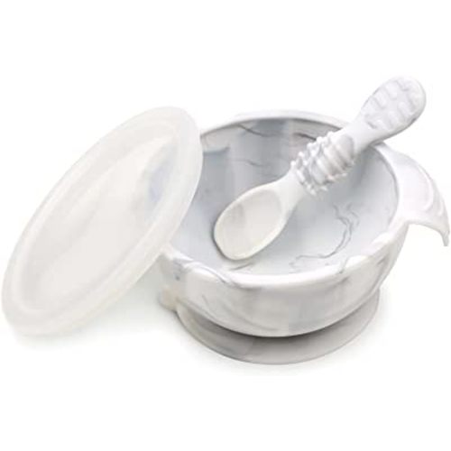 Bumkins Suction Silicone Baby Feeding Set, Bowl, Lid, Spoon, BPA-Free, First Feeding, Baby Led Weaning - Marbled