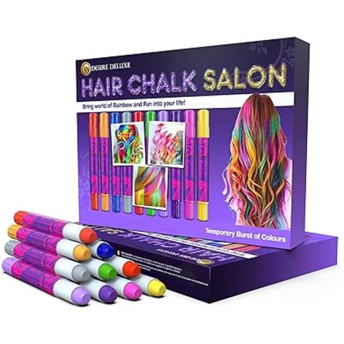 Desire Deluxe Hair Chalk for Girls Makeup Kit of 10 Temporary Colour Pens Gifts, Great Toy for Kids Age 5 6 7 8 9 10 11 12 13 Years Old, "Blue,Green,Grey,Pink,Purple