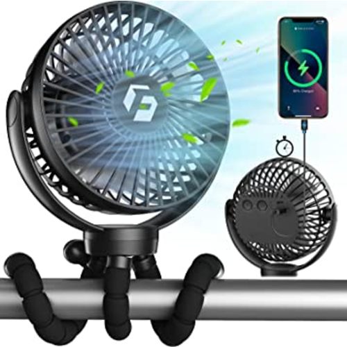Stroller Fan, 12000mAh Rechargeable Fan Portable, Battery Operated Fan, Baby Car Seat Fan with Timming, Low Noise, Flexible Tripod, Personal Small Fans For Stroller, Office, Beach, Bed, Camping