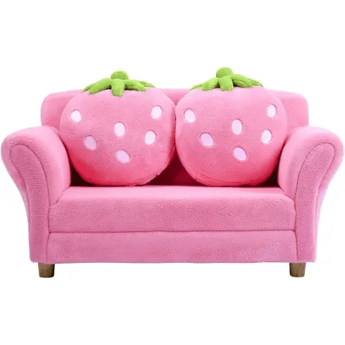 Costzon Kids Couch, Double Seat Pink Children's Sofa with 2 Strawberry Pillows, Toddler Armrest Chair for Bedroom, Living Room, Large Soft for Kids Loveseat Toy for Baby Girls Preschool Gifts Presents