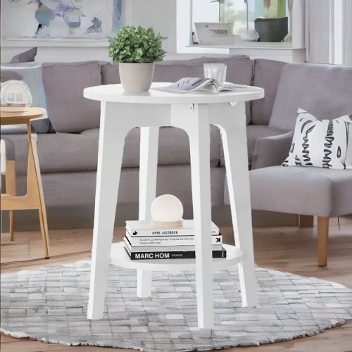 Round Side Table with Lower Shelf, End Table for Small Spaces, Nightstand for Living Room, Bedroom, Greige