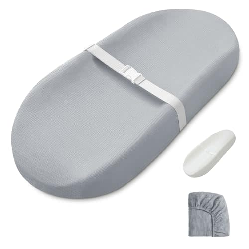 Blissful Diary Muslin Baby Changing Pad with Waterproof Lining Foam, Diaper Changing Table Pad with Cover for Dressers (Gray, Avocado)