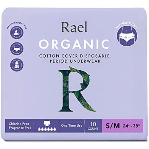 Rael Organic Disposable Overnight Underwear - Panty Style, Unscented, Wearable Period Underwear Pads, Postpartum, Teen, Maximum Coverage (Size S-M, 10 Count)