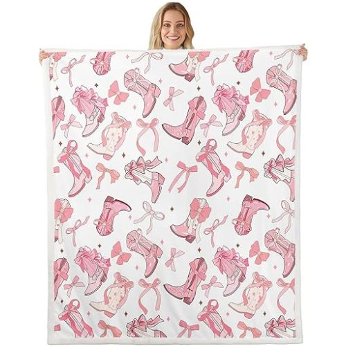 Cowgirl Throw Blanket,Western Cowboy Boots Pink Bowknots Fleece Blanket for Bedroom Dreamy Fairy Tale Princess Starry Pink White Soft Blanket for All Seasons,Baby (30 x 40 Inches)