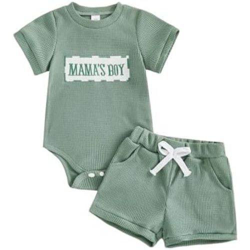 Douhoow Baby Boy Summer Outfits Short Sleeve Mamas Boy Little Dude Embroidery Boy Romper Shorts Set Infant Waffle Clothes