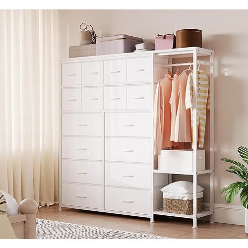 Tall Dresser for Bedroom with 16 Drawers & Clothes Rack & 2 Storage Shelves, Fabric Dressers & Chests of Drawers, Large Closet Dresser for Storage and Organization (General Clothes Rack, White PU)
