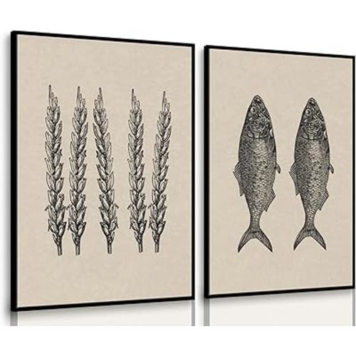 2 Pcs Jesus Feeds The 5000 Wall Art Miracle Of The Five Loaves And Two Fish Canvas Prints Black And White Christ Bible Verses Story Wall Decor Minimalist Posters Picture For Church Paintings Unframed