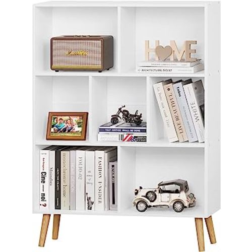 YAHARBO White Bookshelf,3 Tier Book Shelf with Legs, 7 Cube Minimalist Bookcase,Storage Organizer Shelves Display Bookcases for Bedroom,Living Room