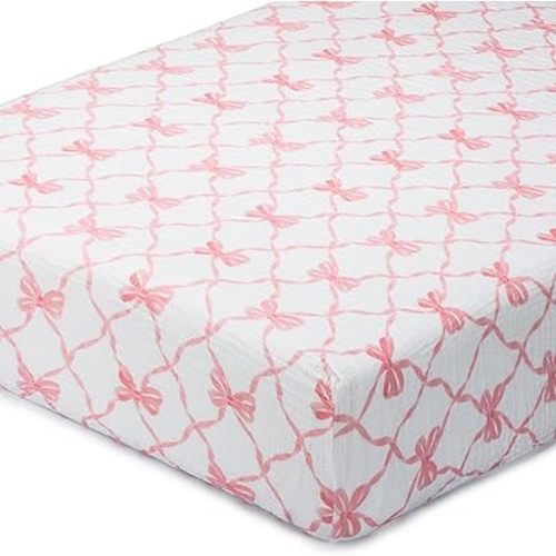 LollyBanks Muslin Crib Sheet 1 Pack, Soft and Breathable 100% Cotton Crib Fitted Sheets for Girls, Cozy and Snug Baby Sheet for Standard 52"x28" Mattress, Baby Bedding Essentials (Pink Bow Print)
