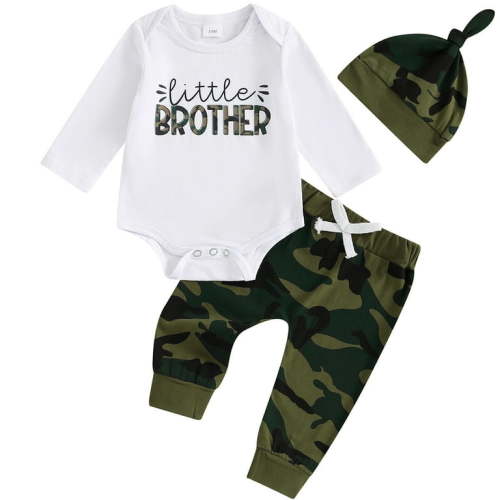 Toddler Baby Boys Outfits Set Long Sleeve Brother Romper with Camouflage Pants Hat Infant Clothes