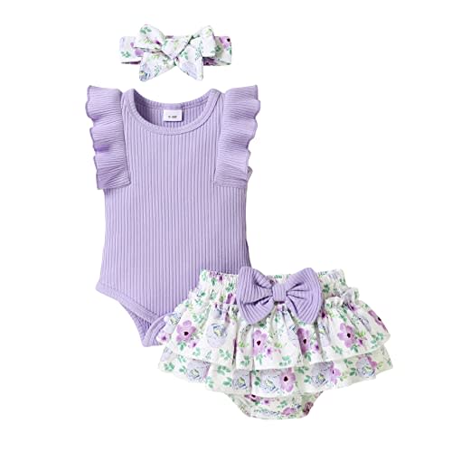 Tiny Cutey Baby Girl Clothes Infant Summer Outfits Set Ruffle Sleeve Romper and Floral Shorts with Headband