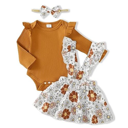 Kucnuzki Newborn Baby Girl Clothes Toddler Long Sleeve Ruffle Romper Top Infant Skirt Set Little Girl Overall Dress