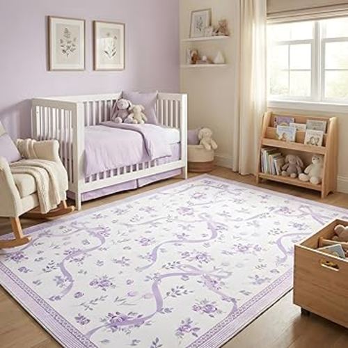 GarveeHome Purple Bow Rugs for Bedroom Girls, 4x6 Rug for Living Room with Soft Low Pile, Floral Washable Lavender Area Rug for Nursery Kids Playroom Dorm Office Carpet Bow Decor